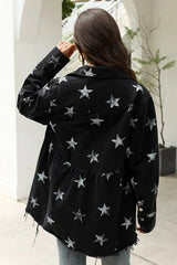 Collared Neck Star Print Long Sleeve Denim Jacket - Wellen Fashion