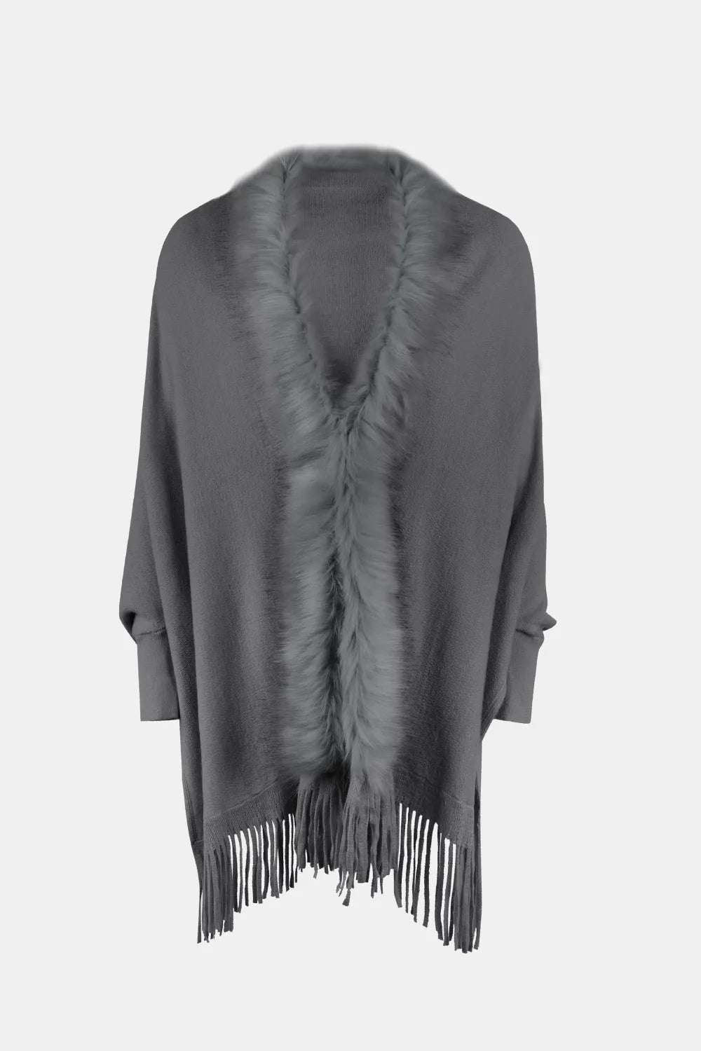 Fringe Open Front Long Sleeve Poncho - Wellen Fashion