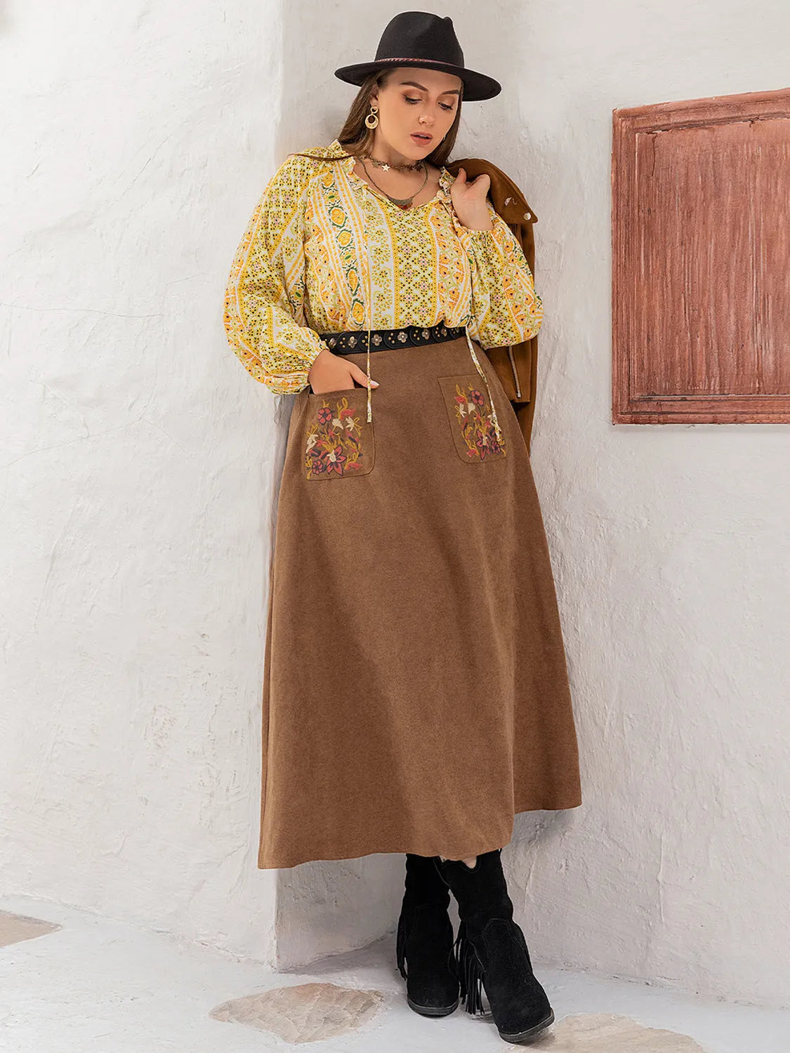 Plus Size Embroidered Pocketed High Waist Skirt - Wellen Fashion