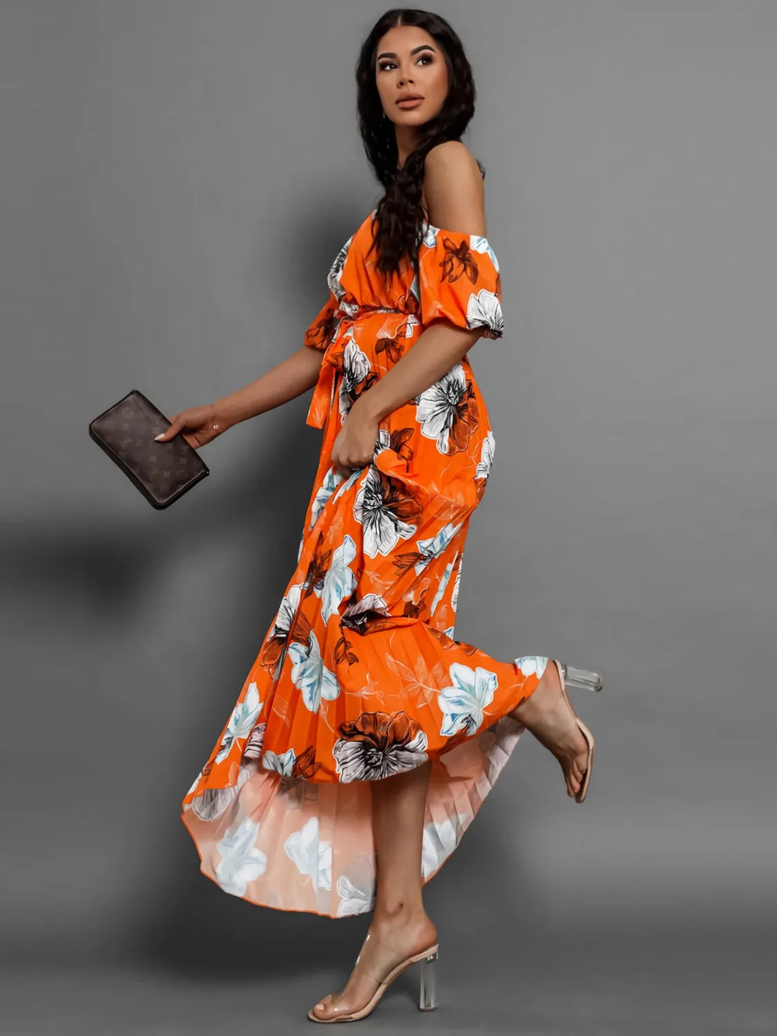 Pleated Floral Off-Shoulder Short Sleeve Midi Dress - Wellen Fashion