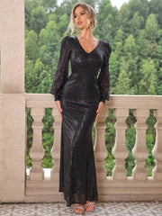 Sequin V-Neck Lantern Sleeve Maxi Dress - Wellen Fashion