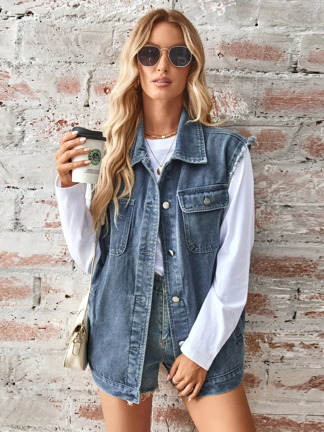 Raw Hem Sleeveless Button Up Denim Jacket - Wellen Fashion