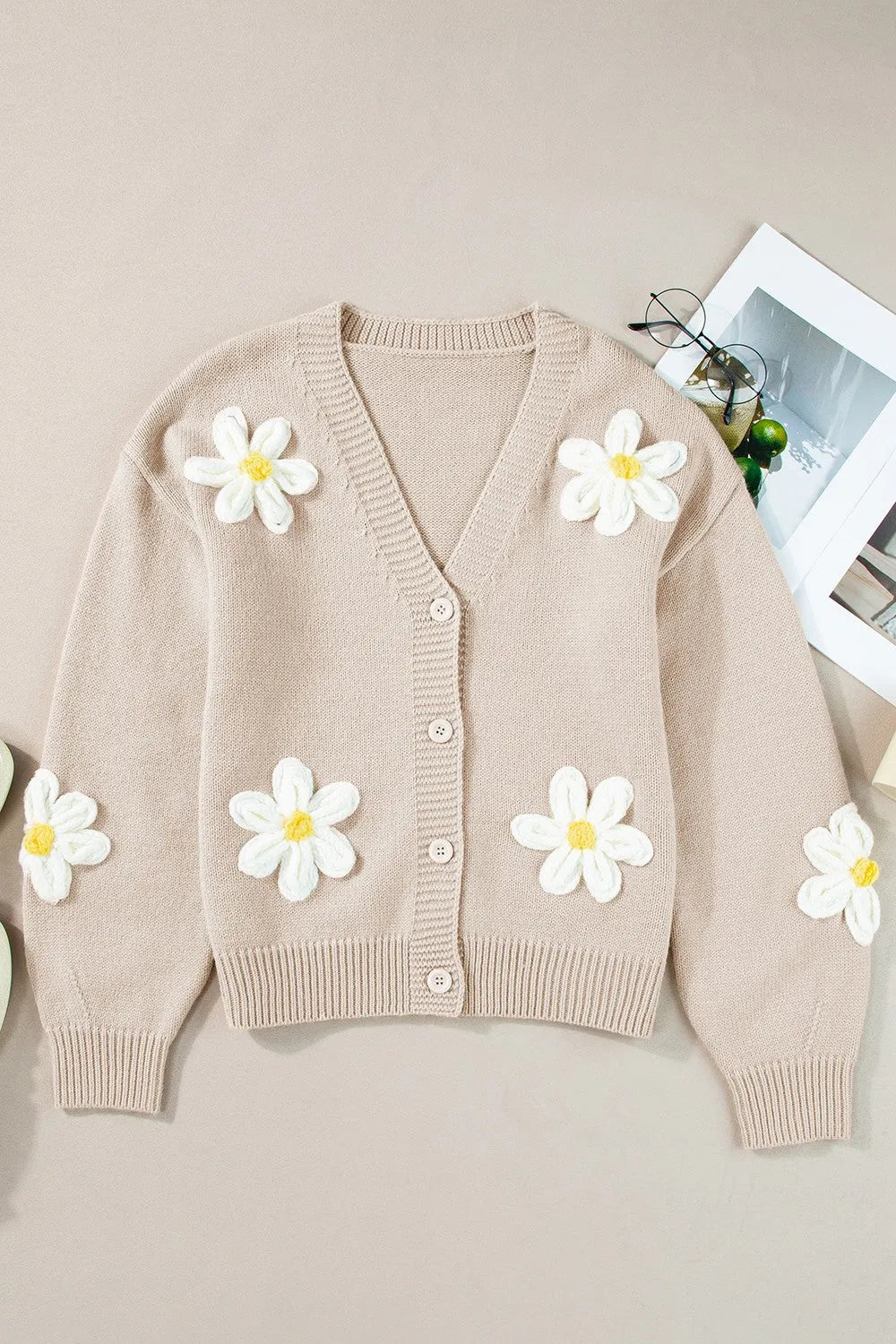 Flower Dropped Shoulder Long Sleeve Cardigan - Wellen Fashion