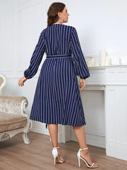 Honey Melo Apparel Plus Size Striped Surplice Neck Long Sleeve Dress - Wellen Fashion