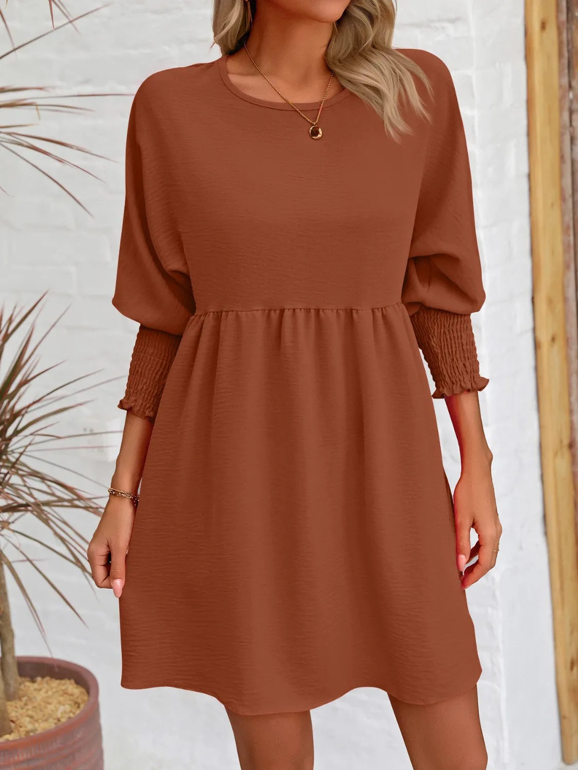 Round Neck Lantern Sleeve Mini Dress - Wellen Fashion