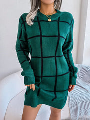 Plaid Round Neck Dropped Shoulder Sweater Dress - Wellen Fashion