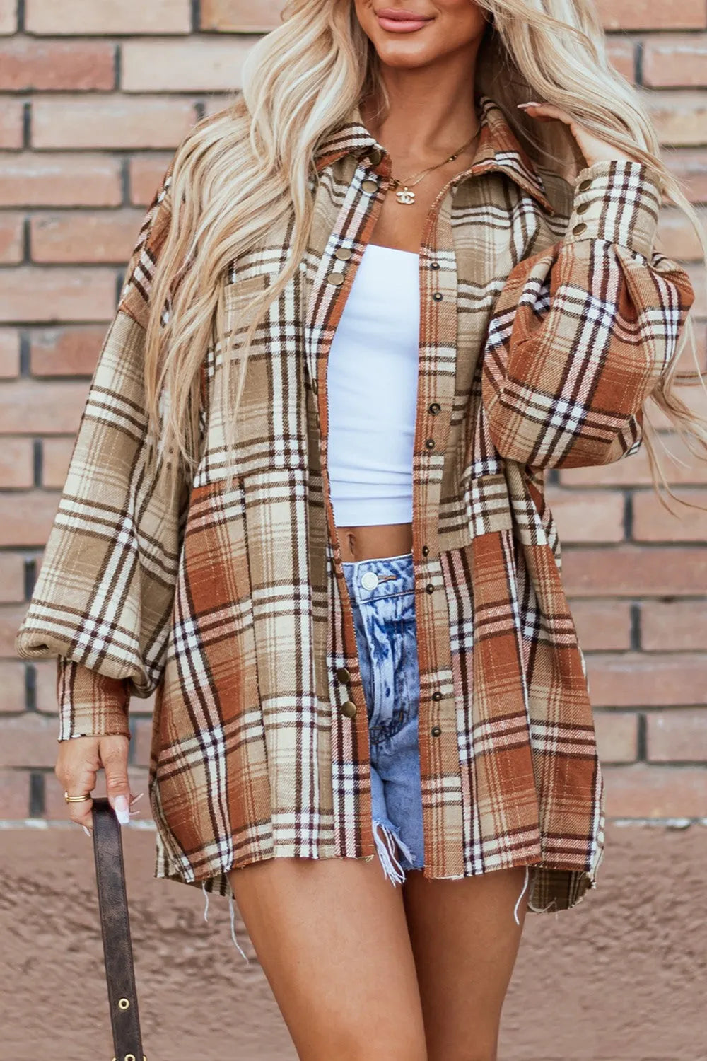 Plaid Snap Down Dropped Shoulder Shacket - Wellen Fashion