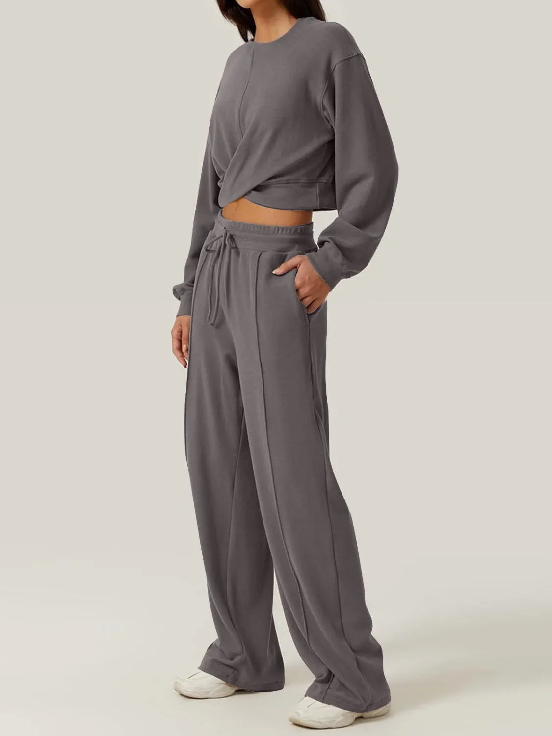 Crisscross Round Neck Top and Drawstring Pants Set - Wellen Fashion