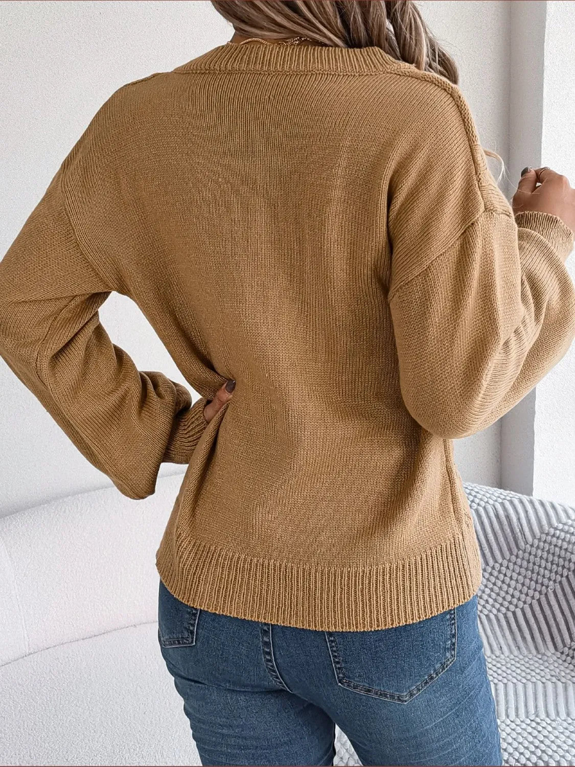 Cable-Knit Buttoned V-Neck Sweater - Wellen Fashion