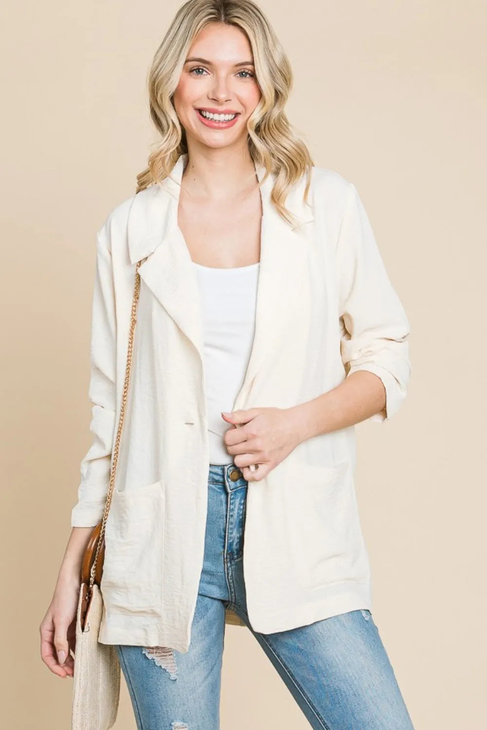 Culture Code One Button Long Sleeve Blazer with Pockets - Wellen Fashion