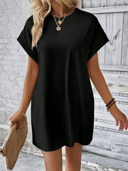 Pocketed Round Neck Short Sleeve Dress - Wellen Fashion