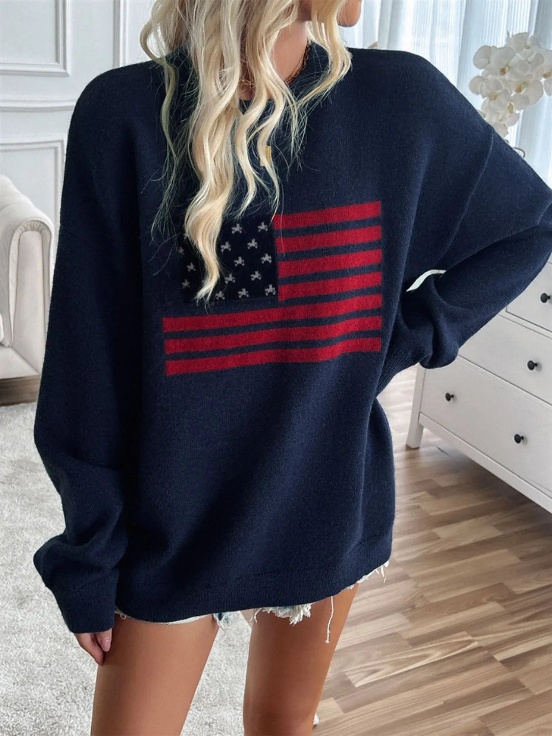 Devine US Flag Round Neck Long Sleeve Knit Top - Wellen Fashion