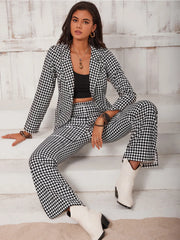 Checkered Blazer & Slit Pants Set - Wellen Fashion