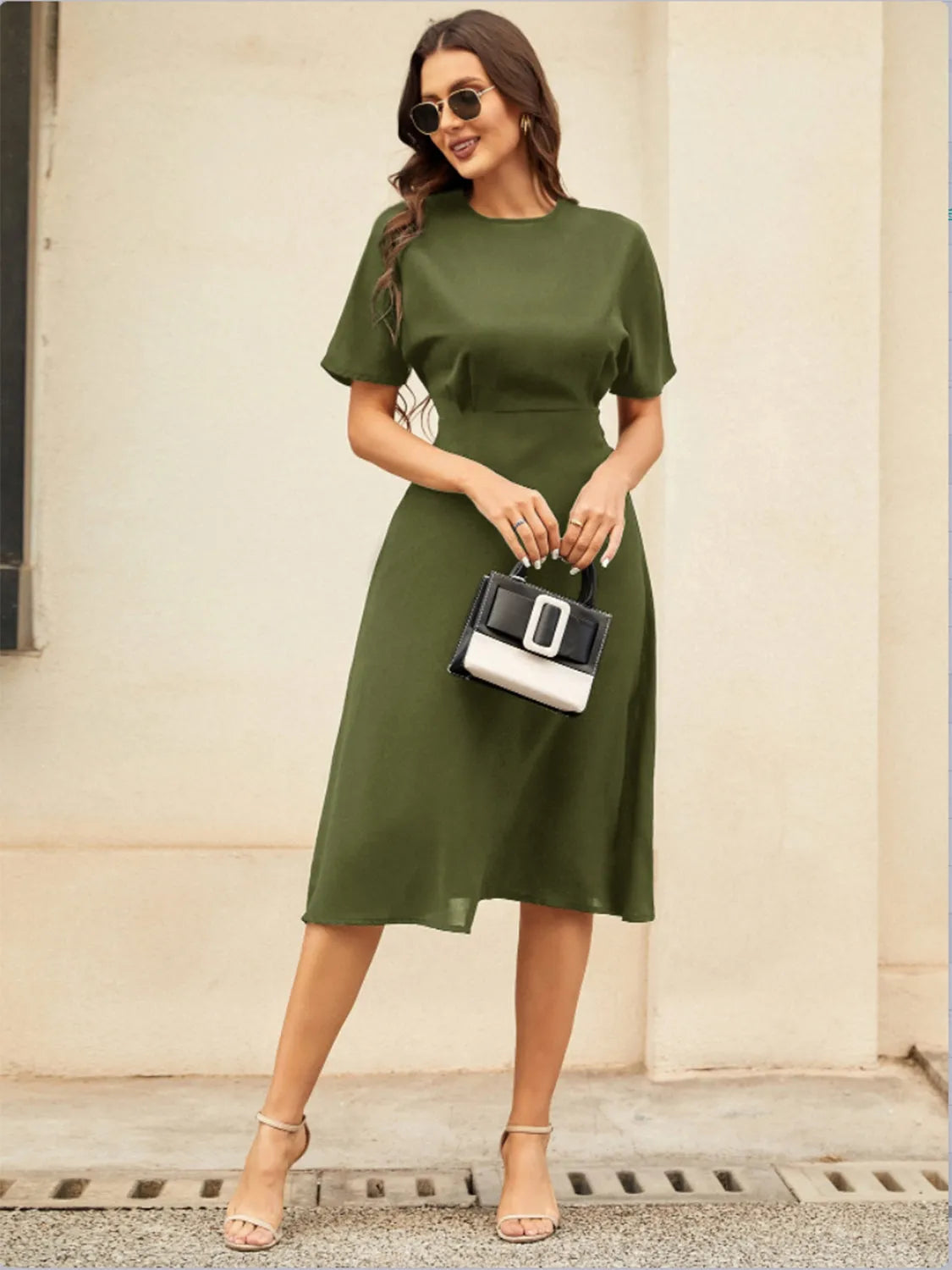 Round Neck Short Sleeve Midi Dress - Wellen Fashion