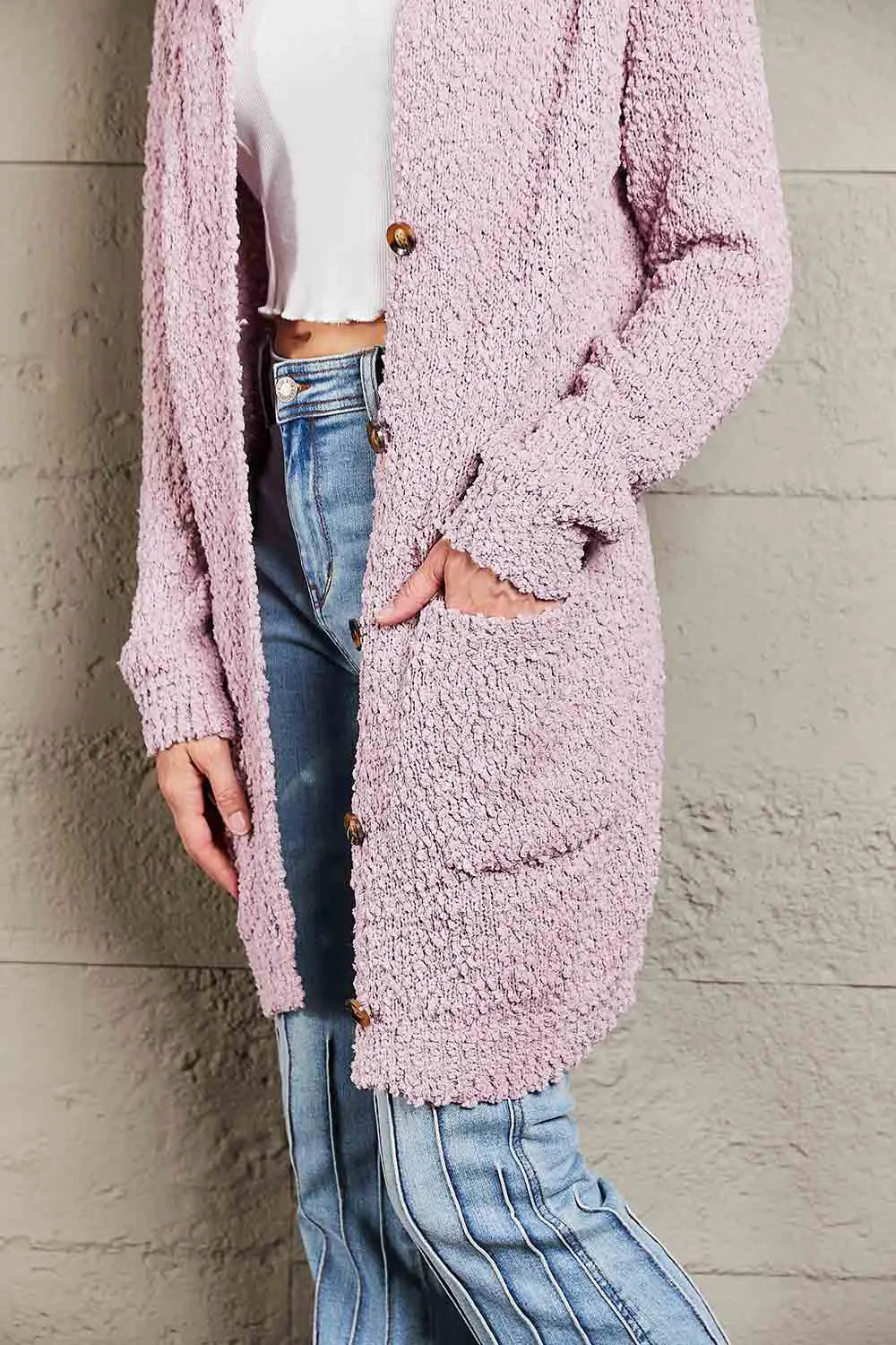 Double Take Popcorn-Knit Long Sleeve Hooded Cardigan - Wellen Fashion