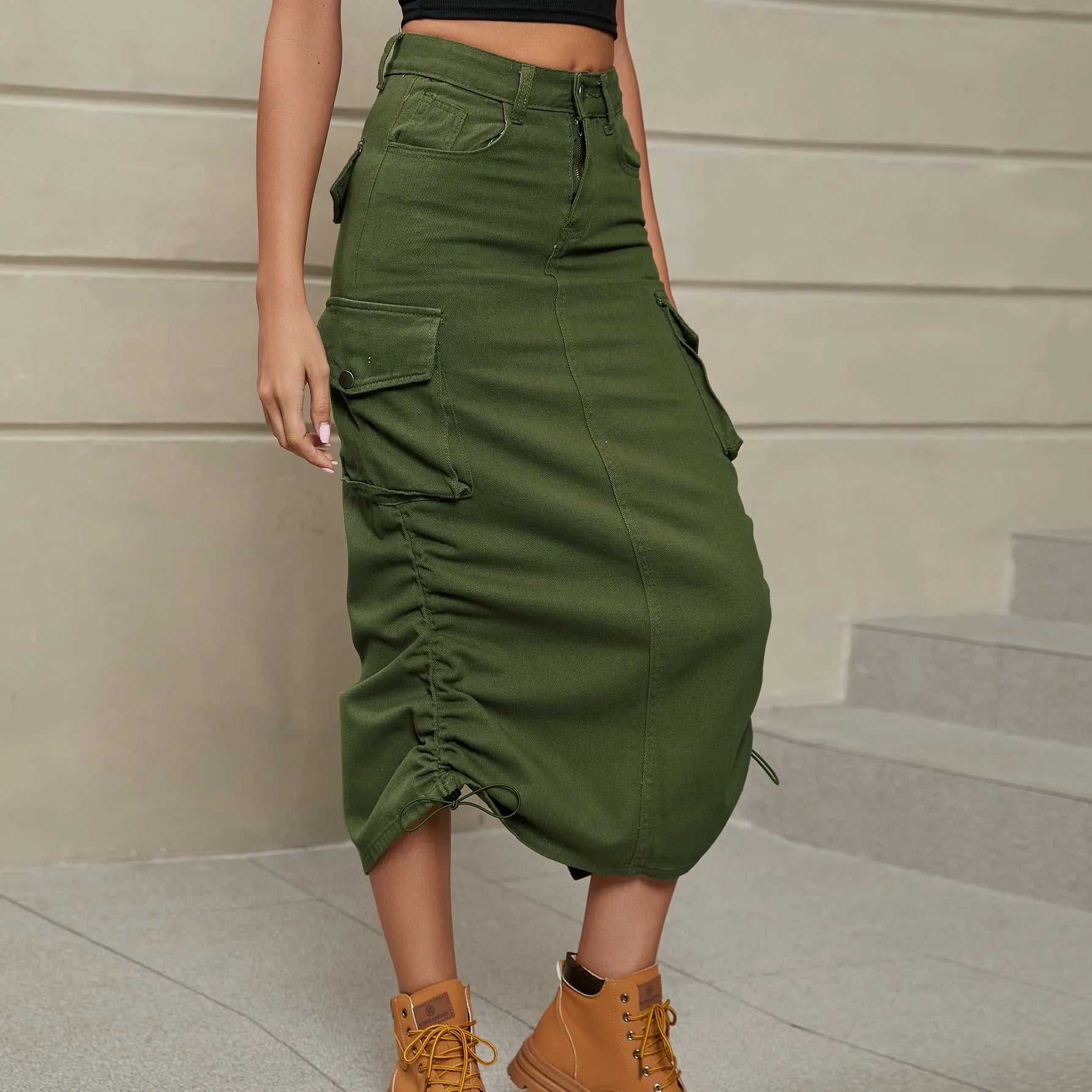 Drawstring Ruched Slit Denim Midi Skirt - Wellen Fashion