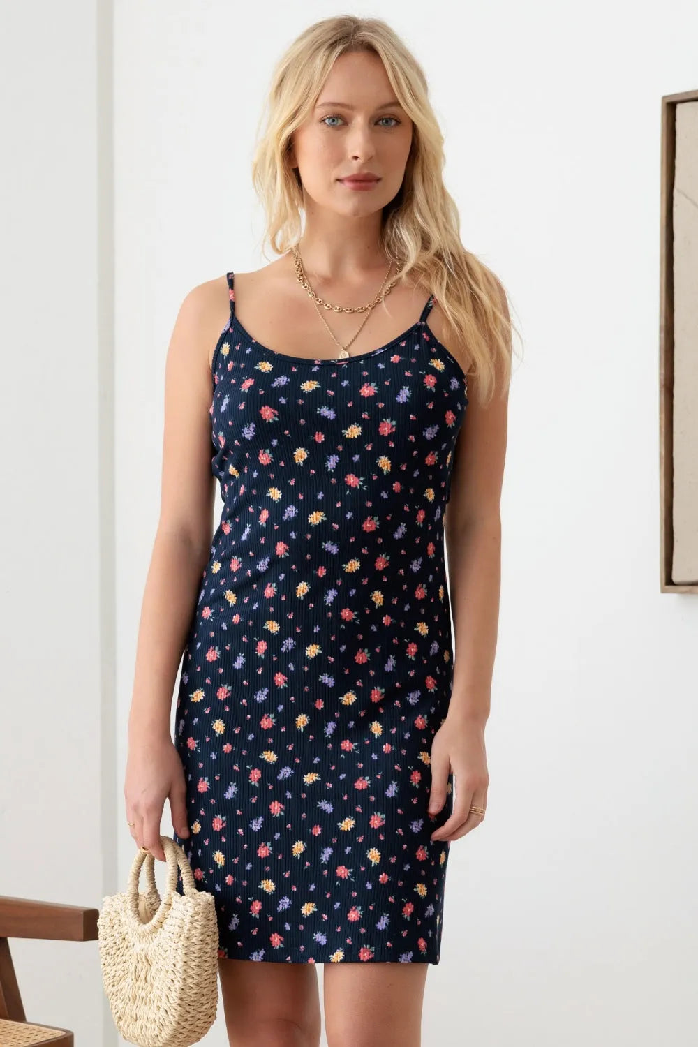 Gilli Floral Ribbed Tie-Back Cami Mini Dress - Wellen Fashion