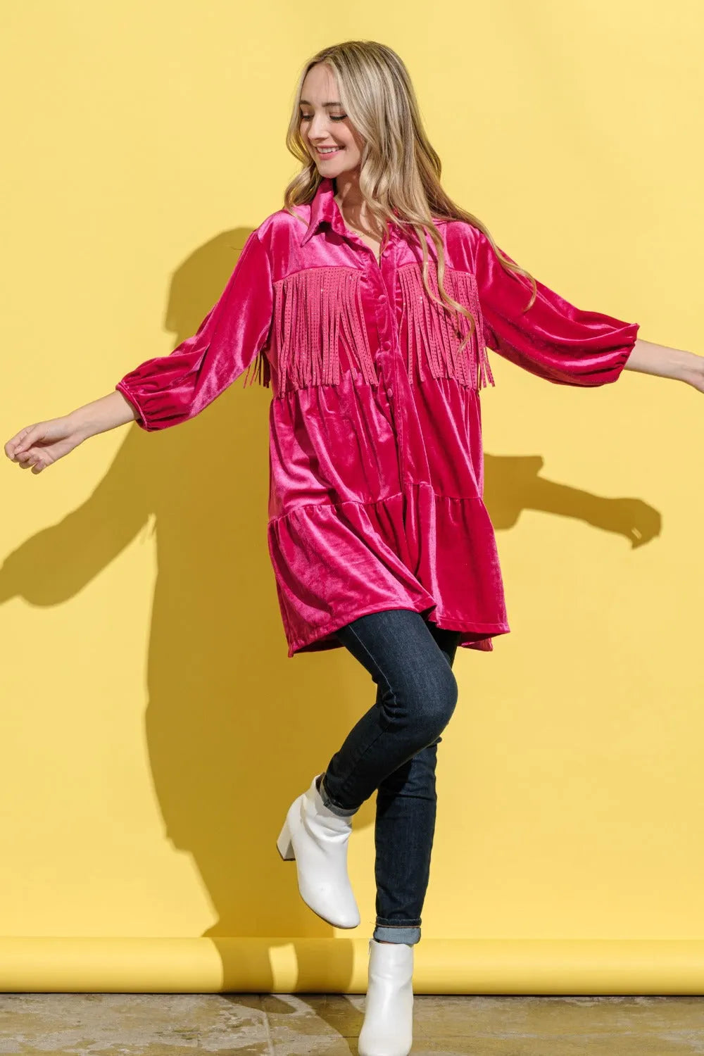 And The Why Fringe Detailed Velvet Shirt Dress - Wellen Fashion