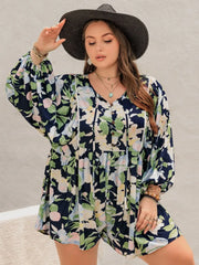 Plus Size Tied Printed Long Sleeve Romper - Wellen Fashion