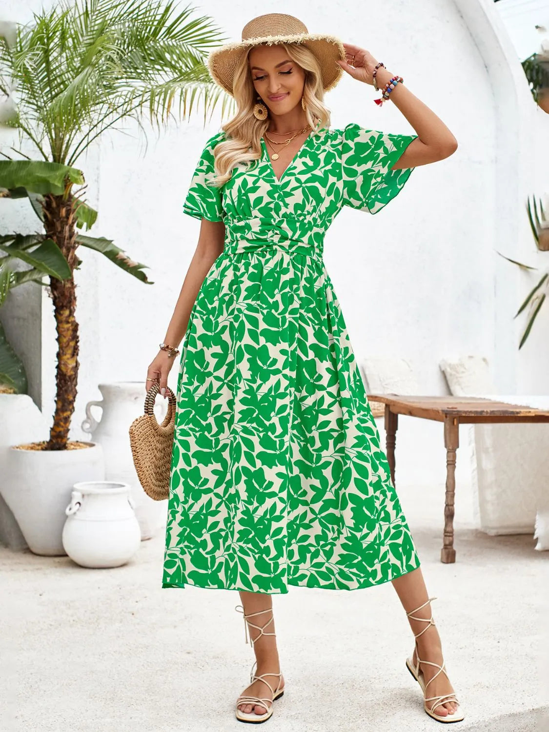 Printed Surplice Short Sleeve Midi Dress - Wellen Fashion