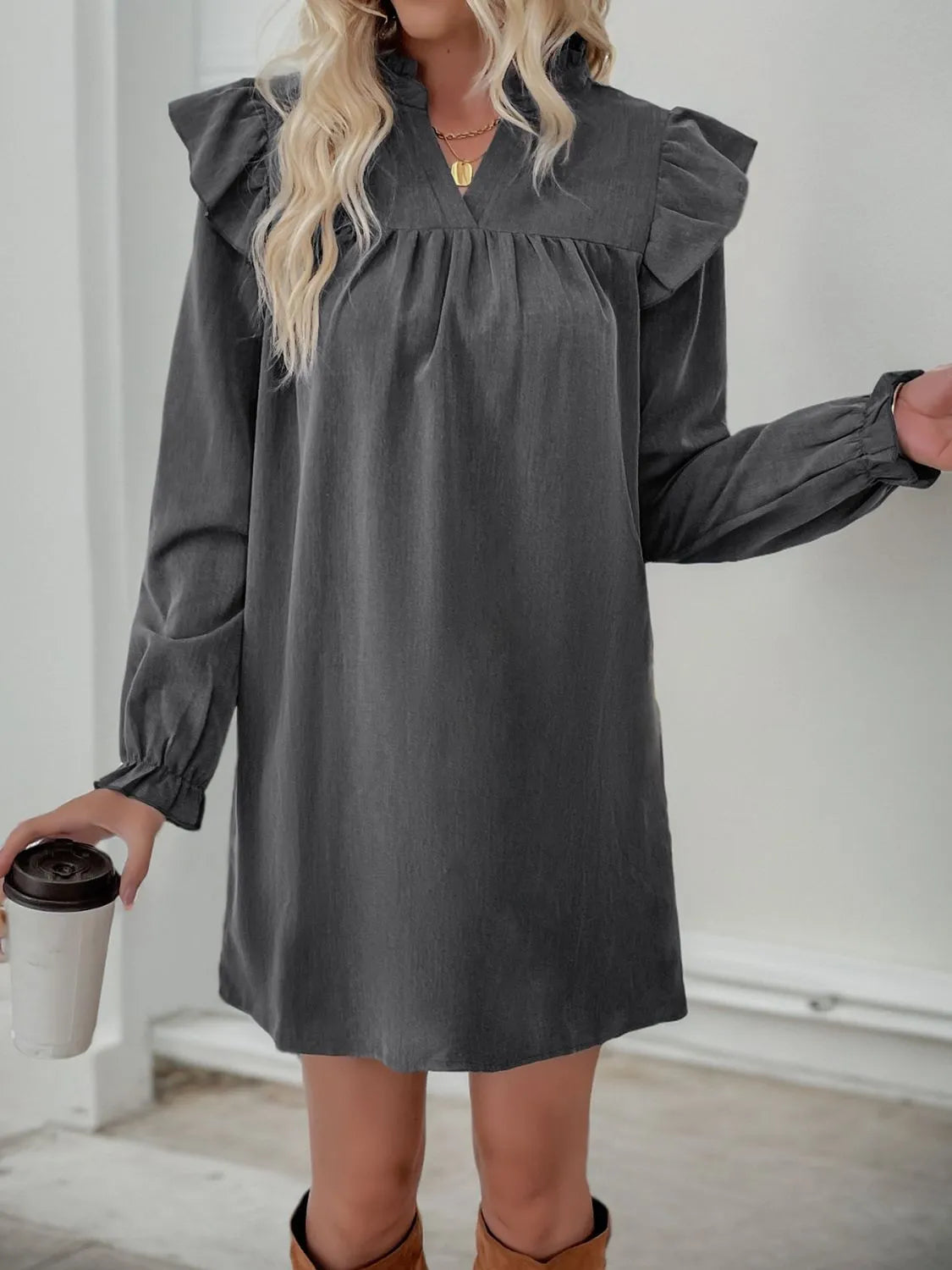 Perfee Ruffled Notched Long Sleeve Mini Dress - Wellen Fashion