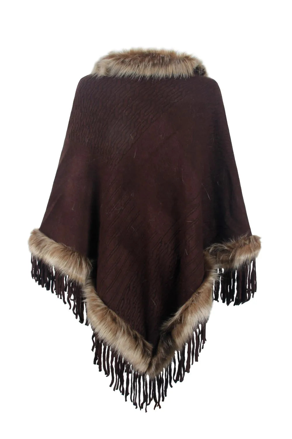 Faux Fur Trim Fringed Poncho - Wellen Fashion