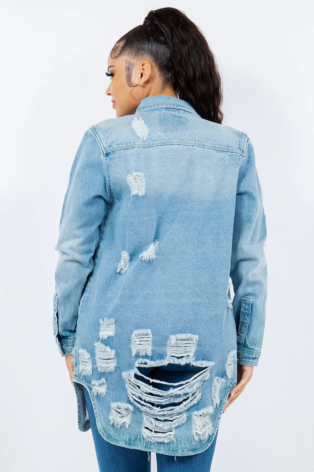 American Bazi Distressed Button Up Long Sleeve Denim Jacket - Wellen Fashion