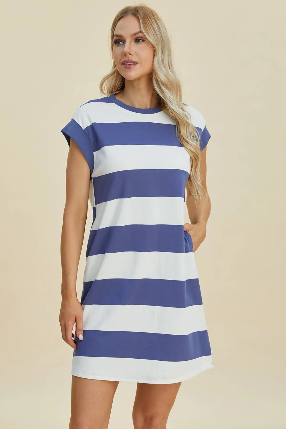 Basic Bae Full Size Striped Round Neck Cap Sleeve Mini Dress - Wellen Fashion