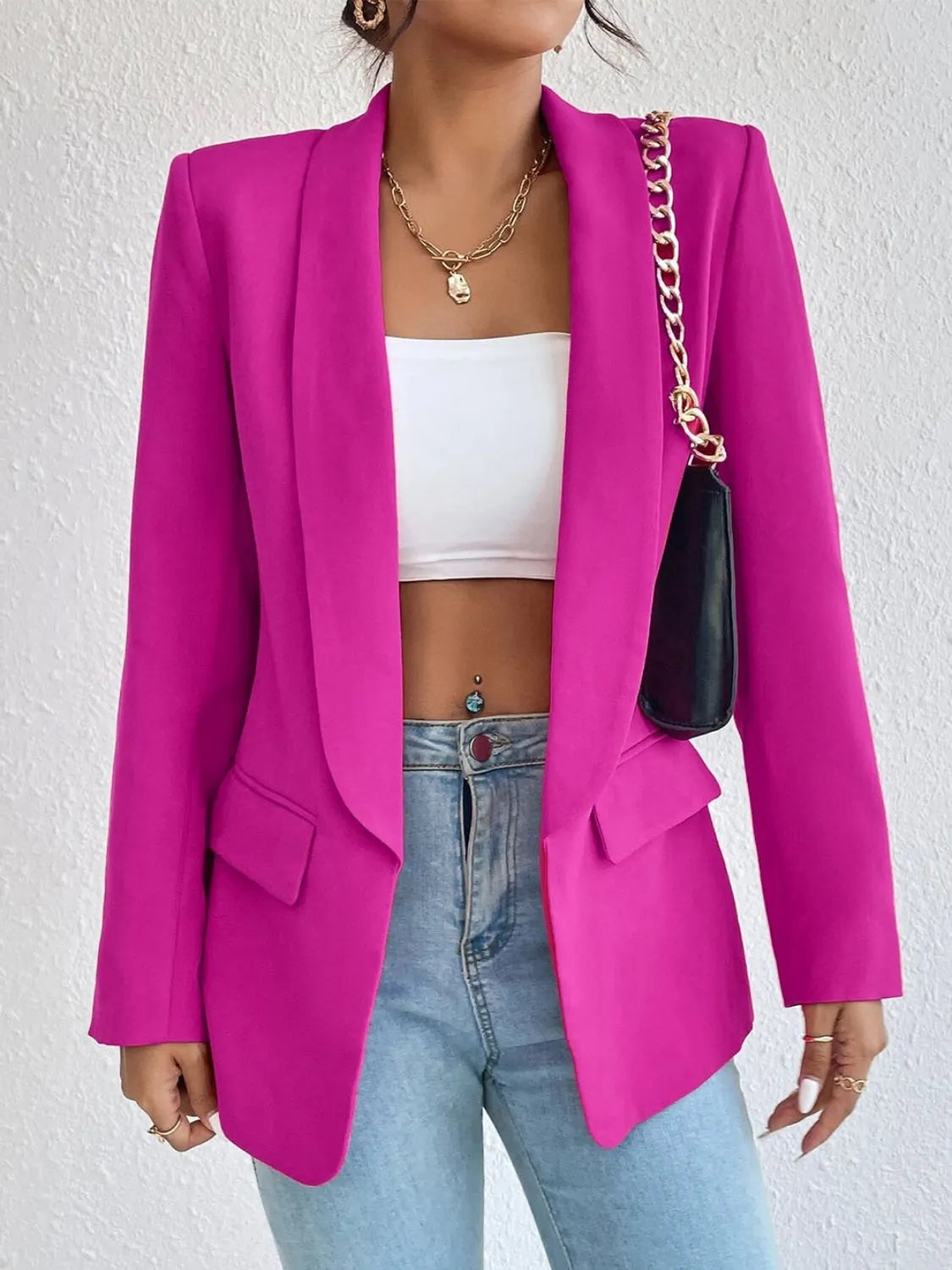 Shawl Collar Long Sleeve Blazer - Wellen Fashion