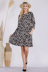 Celeste Full Size Leopard Three-Quarter Sleeve Dress with Pockets - Wellen Fashion