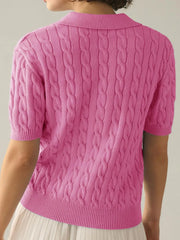 Cable-Knit Collared Neck Half Sleeve Sweater - Wellen Fashion