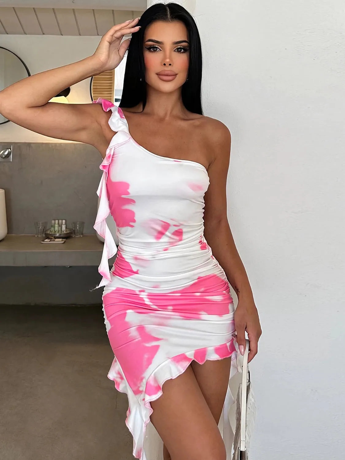 Ruffled Tie-Dye Single Shoulder Mini Dress - Wellen Fashion