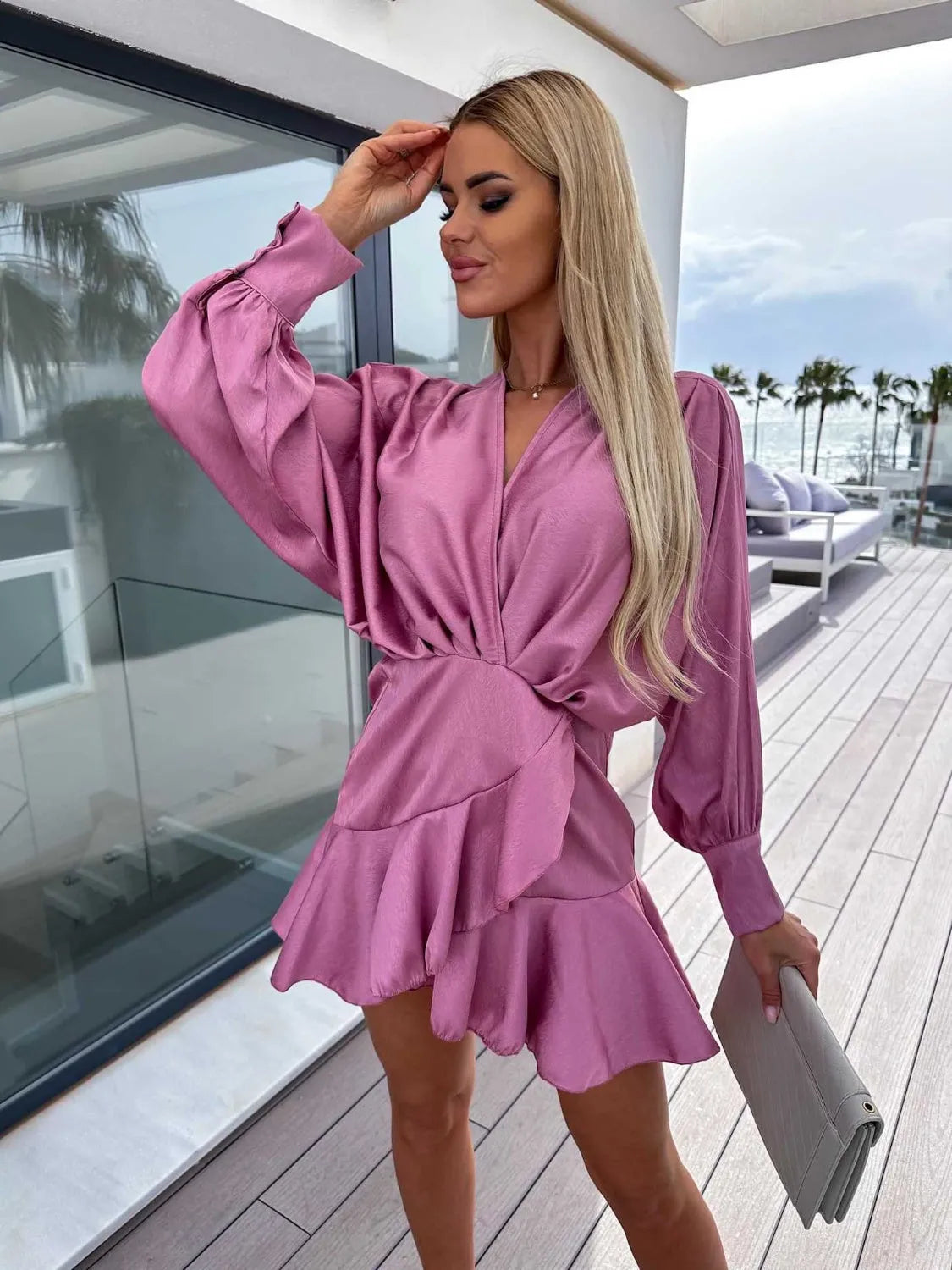 Surplice Ruffle Hem Lantern Sleeve Mini Dress - Wellen Fashion