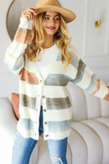 Haptics Full Size Button Down Stripe Soft Fuzzy Sweater Cardigan - Wellen Fashion