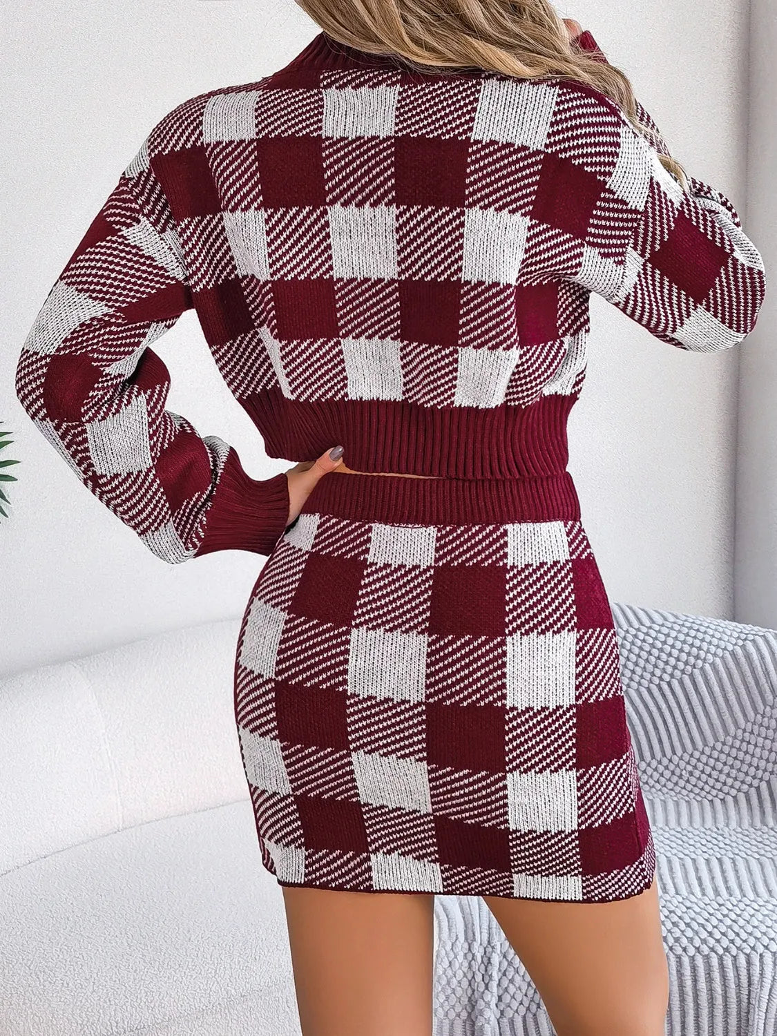 Plaid Round Neck Top and Skirt Sweater Set - Wellen Fashion