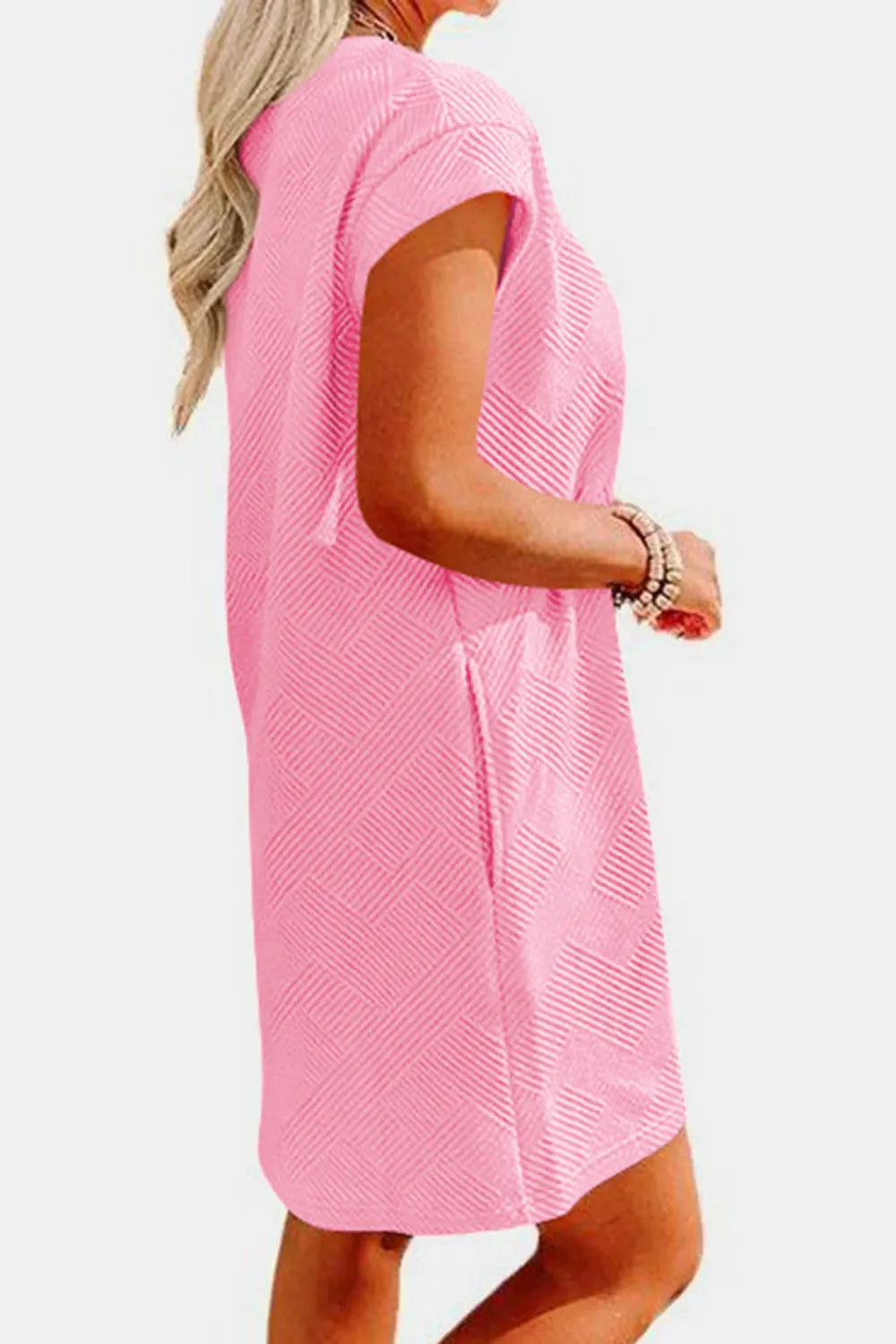 Textured Round Neck Cap Sleeve Dress - Wellen Fashion