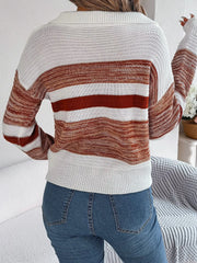 Striped Collared Neck Long Sleeve Sweater - Wellen Fashion