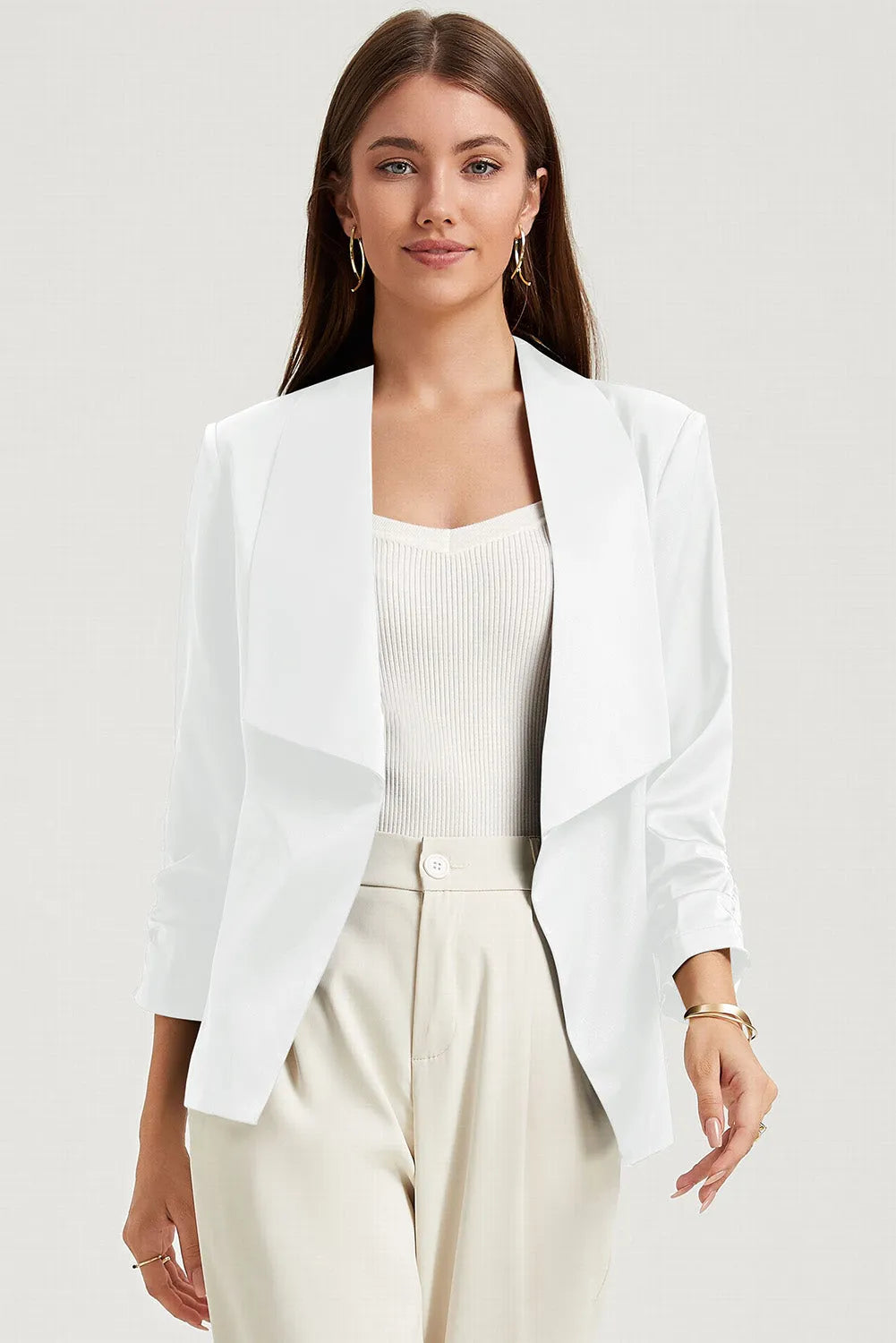 Ruched Open Front Blazer - Wellen Fashion