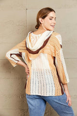 Woven Right Color Block Openwork Hooded Sweater - Wellen Fashion