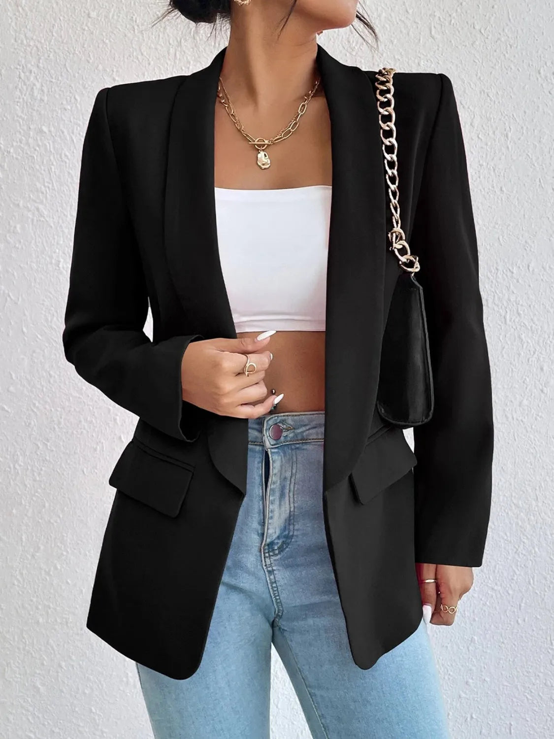 Shawl Collar Long Sleeve Blazer - Wellen Fashion