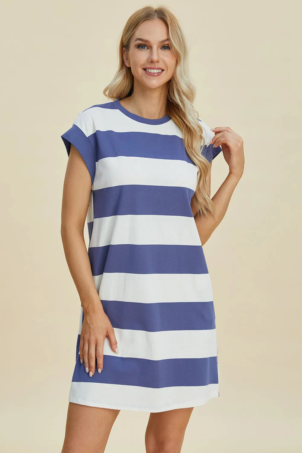 Basic Bae Full Size Striped Round Neck Cap Sleeve Mini Dress - Wellen Fashion