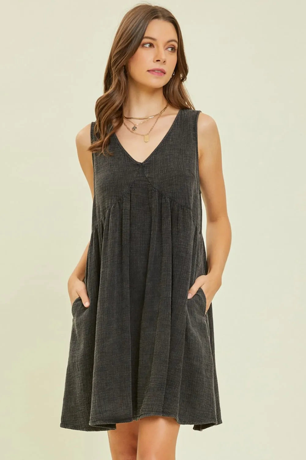 HEYSON Full Size Texture V-Neck Sleeveless Flare Mini Dress - Wellen Fashion