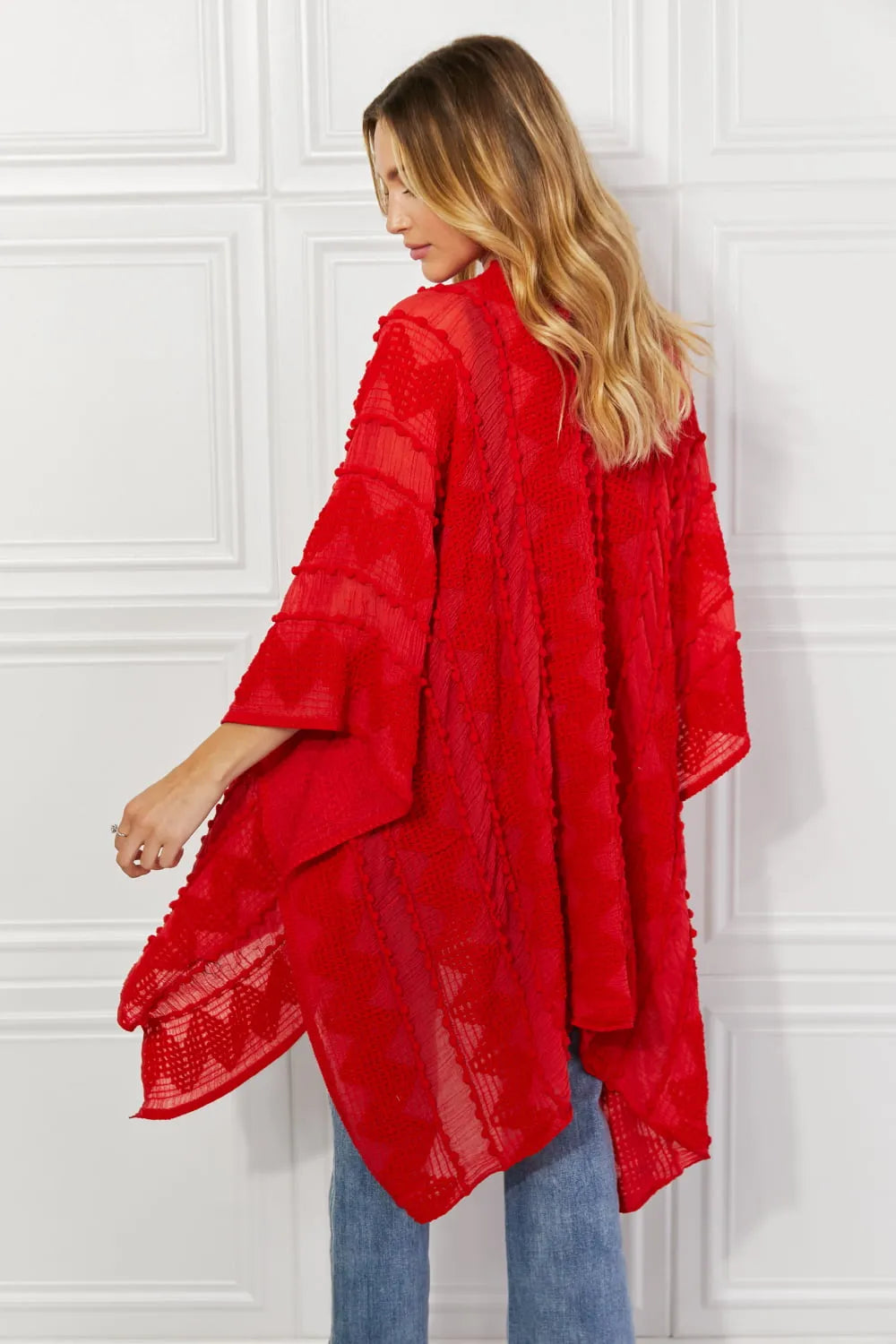 Justin Taylor Pom-Pom Asymmetrical Poncho Cardigan in Red - Wellen Fashion