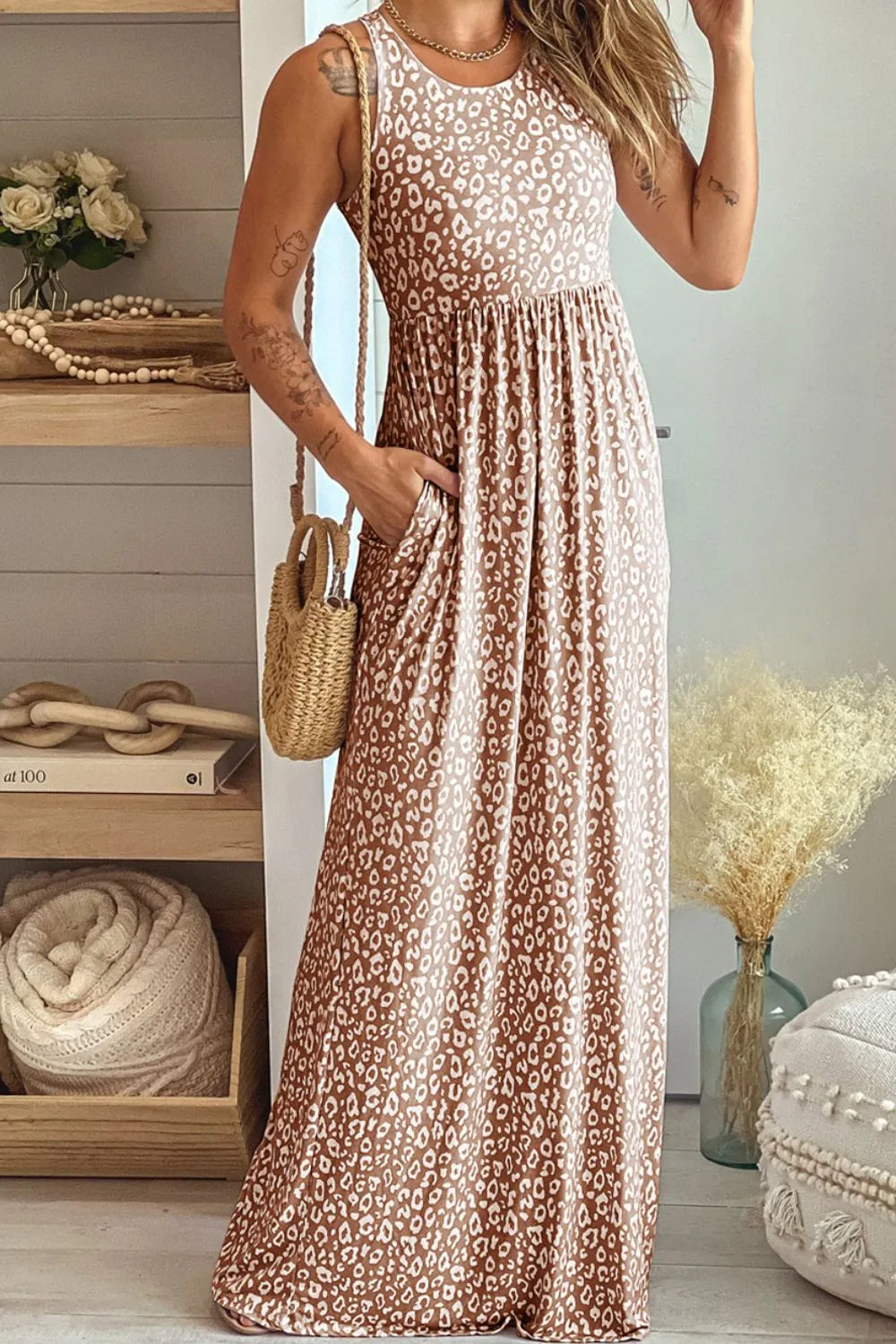 Leopard Round Neck Sleeveless Maxi Dress - Wellen Fashion