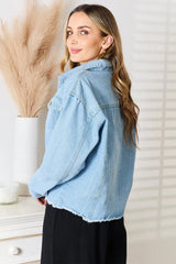 Double Take Dropped Shoulder Raw Hem Denim Jacket - Wellen Fashion