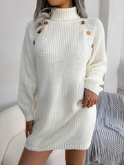 Decorative Button Turtleneck Sweater Dress - Wellen Fashion